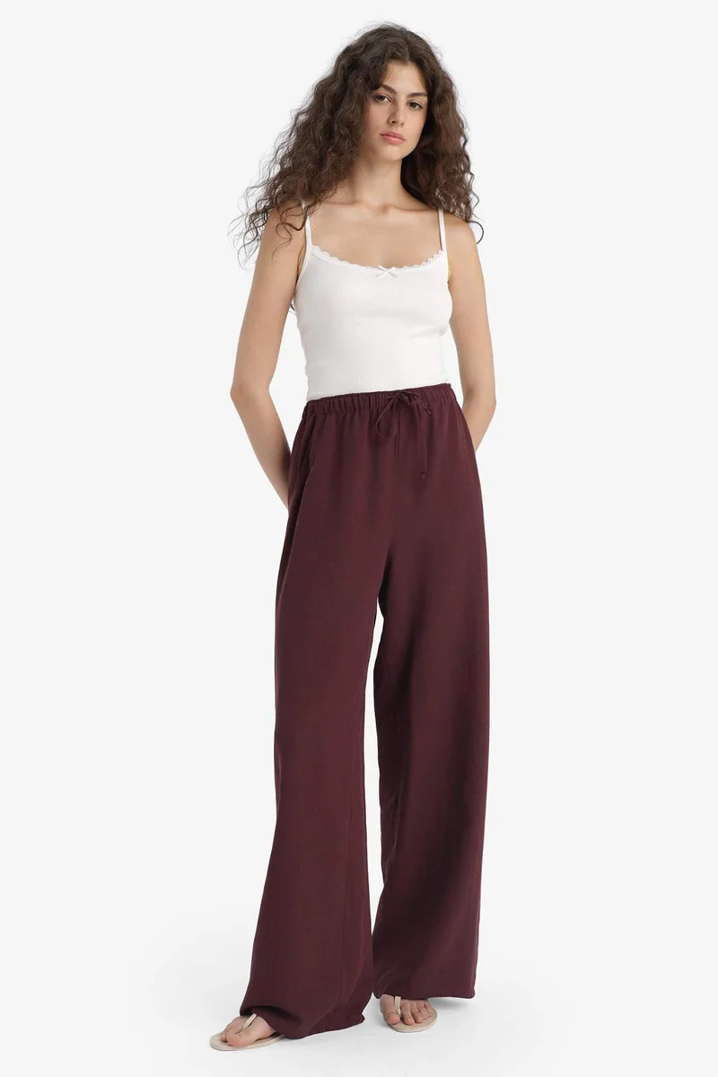 ديفاكتو Wide Leg High Waist Standard Length Linen Blend Trousers