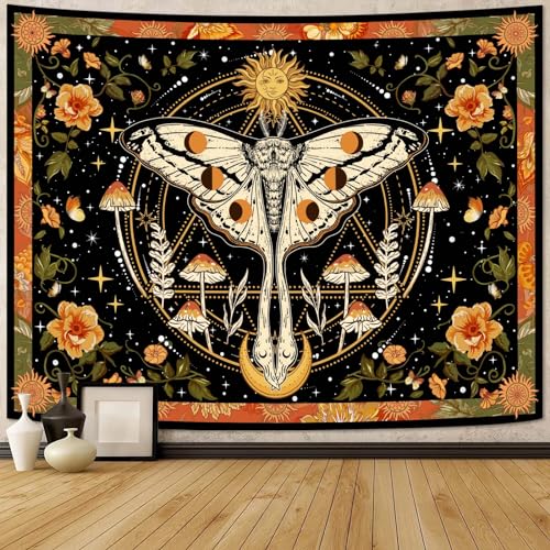 Aipon Orange Moth Tapestry Boho Retro Floral Flowers Tapestries Aesthetic Vintage Mushroom Tapestries for Bedroom Indie Sun Moon Tapestry Wall Hanging for Living Room Dorm (48'' × 36'') - Image 1