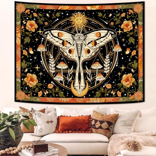 Aipon Orange Moth Tapestry Boho Retro Floral Flowers Tapestries Aesthetic Vintage Mushroom Tapestries for Bedroom Indie Sun Moon Tapestry Wall Hanging for Living Room Dorm (48'' × 36'') - Image 3