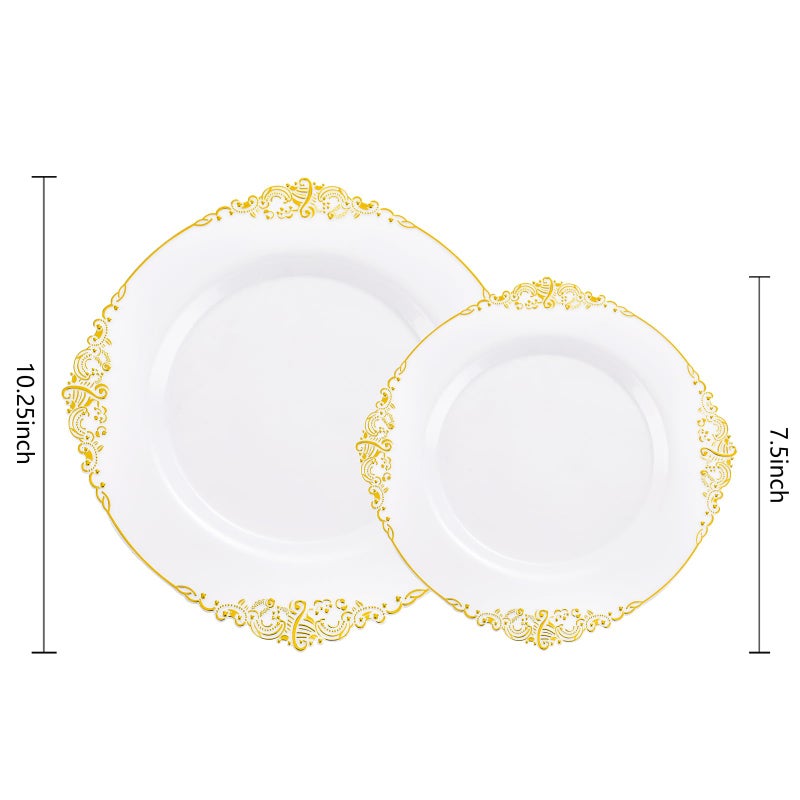 Joyido 102PCS White and Gold Plastic Plates - Heavy Duty Gold Disposable Plates Include 51PCS 7.5inch Dessert Plates, 51PCS 10.25inch Dinner Plates for Wedding & Parties - Image 3
