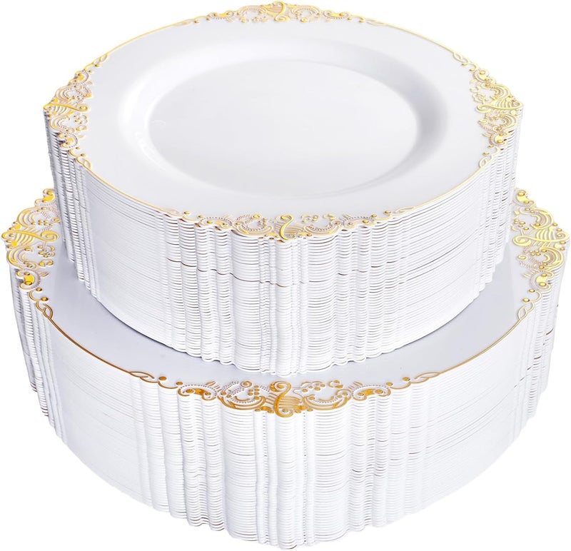 Joyido 102PCS White and Gold Plastic Plates - Heavy Duty Gold Disposable Plates Include 51PCS 7.5inch Dessert Plates, 51PCS 10.25inch Dinner Plates for Wedding & Parties - Image 1
