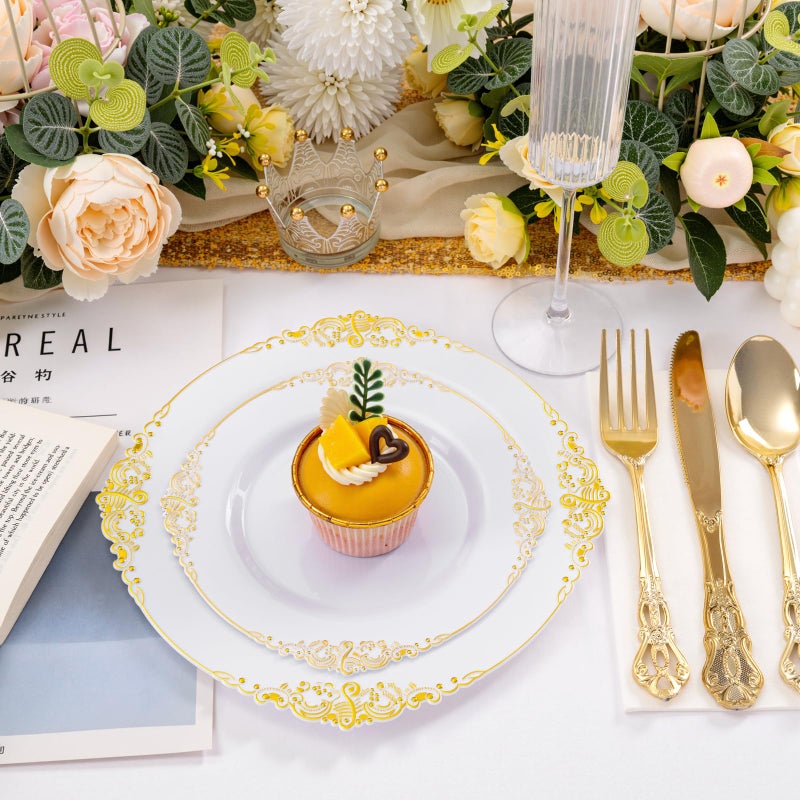 Joyido 102PCS White and Gold Plastic Plates - Heavy Duty Gold Disposable Plates Include 51PCS 7.5inch Dessert Plates, 51PCS 10.25inch Dinner Plates for Wedding & Parties - Image 2