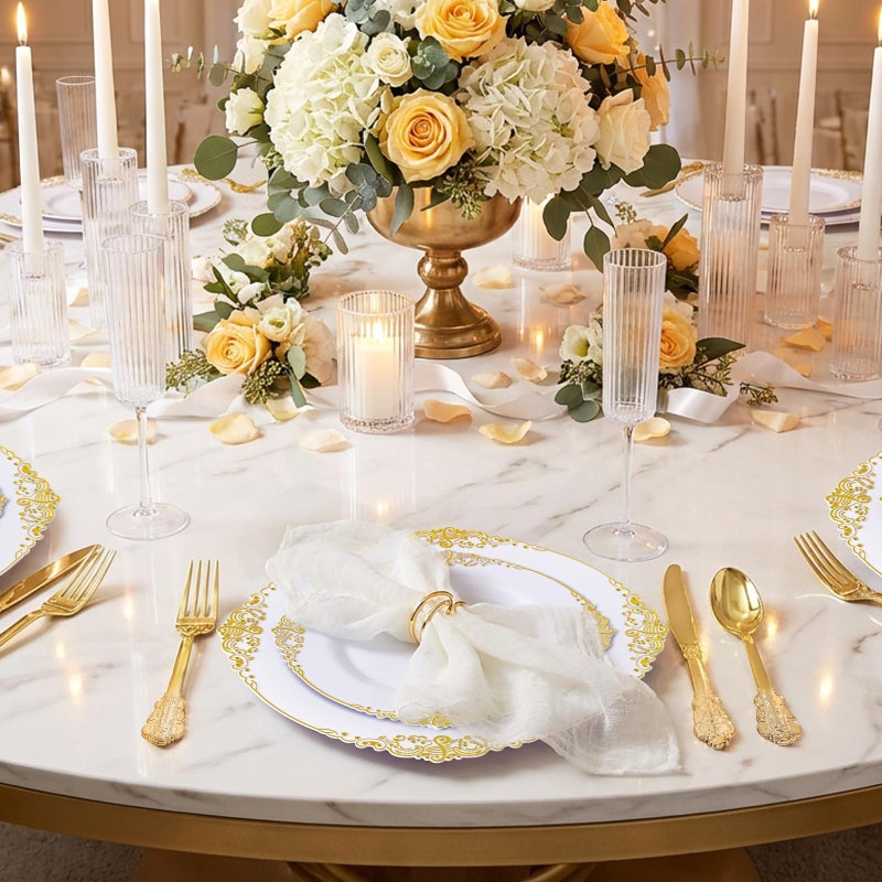 Joyido 102PCS White and Gold Plastic Plates - Heavy Duty Gold Disposable Plates Include 51PCS 7.5inch Dessert Plates, 51PCS 10.25inch Dinner Plates for Wedding & Parties - Image 5
