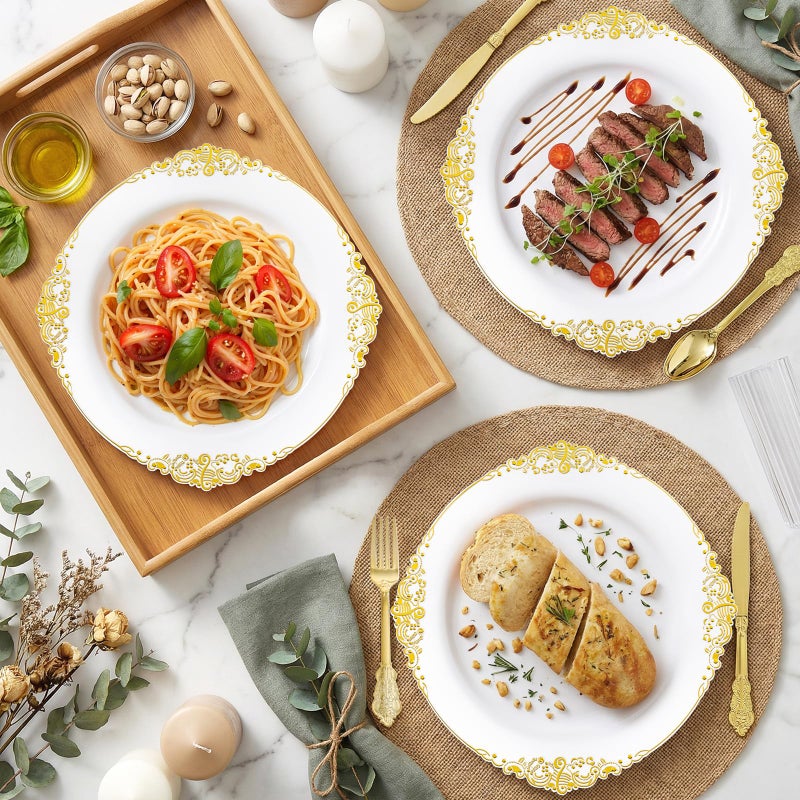 Joyido 102PCS White and Gold Plastic Plates - Heavy Duty Gold Disposable Plates Include 51PCS 7.5inch Dessert Plates, 51PCS 10.25inch Dinner Plates for Wedding & Parties - Image 4