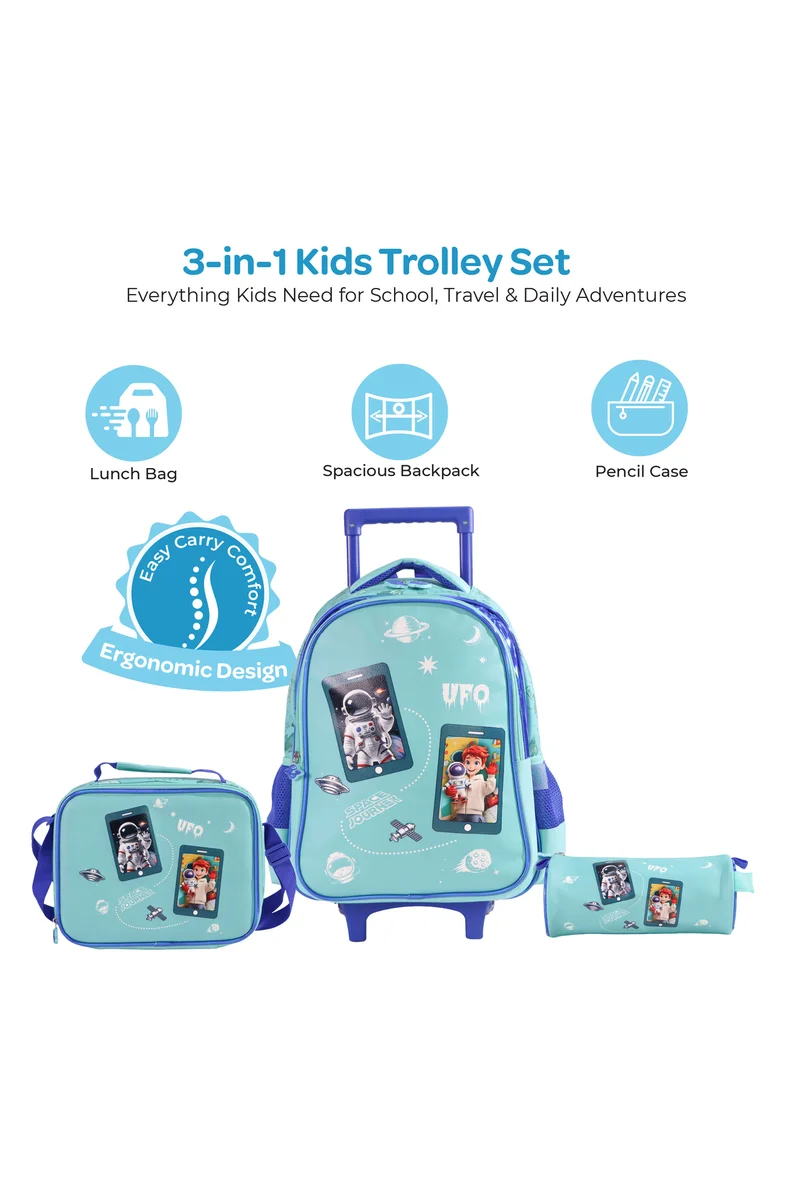 مون MOON  Astronaut 3 in 1 Trolley Set   - (16-Inch) Premium Kids School Bag with Lunch Bag & Pencil Case