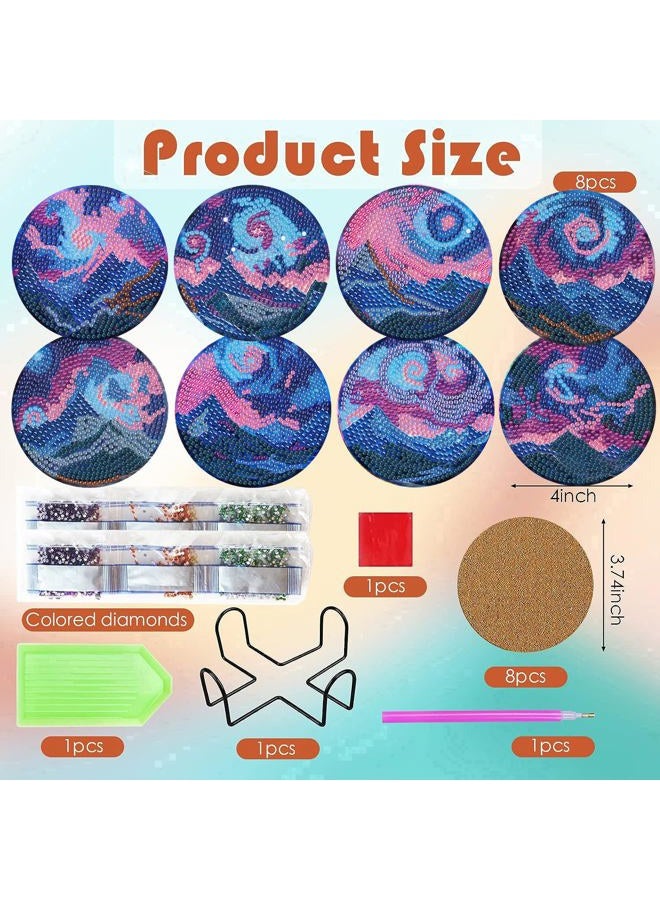 ijbnhd 8 PCS Aurora Diamond Art Coasters Diamond Painting Coasters Kits with Holder Aurora DIY Coaster for Beginners, Adults, Diamond Art Crafts Supplies 4x4 in (Cork Wooden Pad) - Image 3
