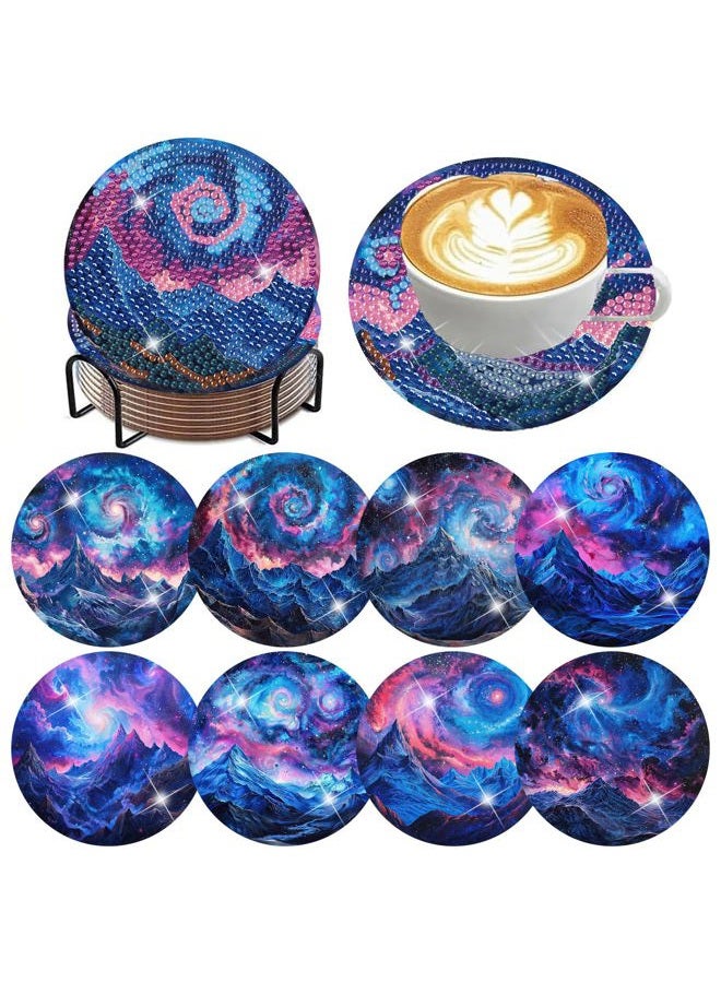 ijbnhd 8 PCS Aurora Diamond Art Coasters Diamond Painting Coasters Kits with Holder Aurora DIY Coaster for Beginners, Adults, Diamond Art Crafts Supplies 4x4 in (Cork Wooden Pad) - Image 1