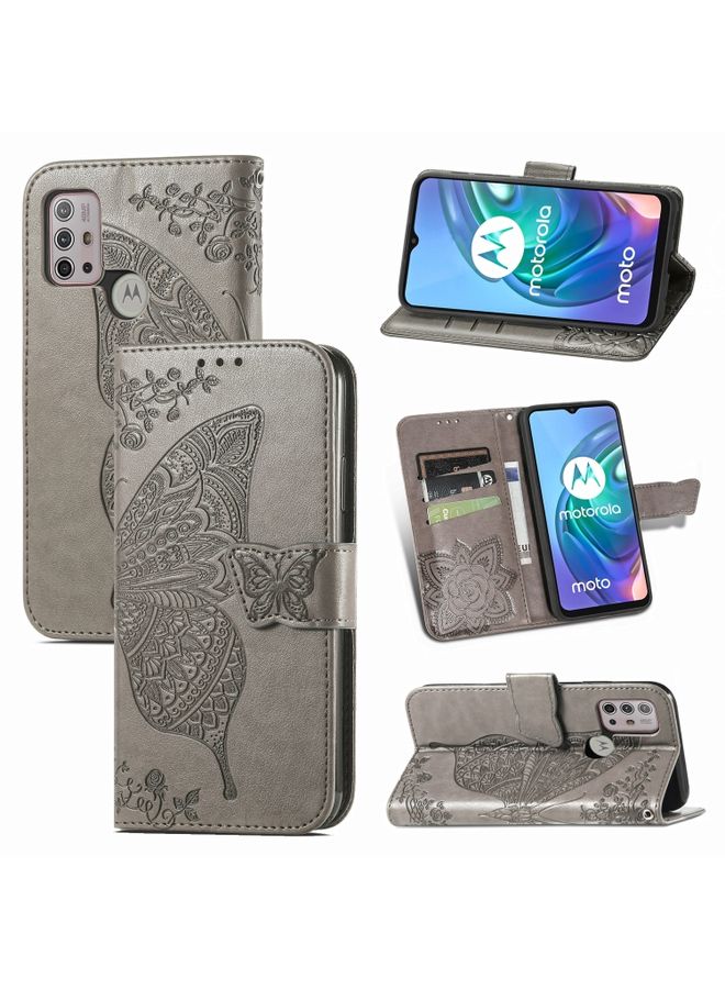 Case Cover For For Motorola Moto G30 / G10 Butterfly Love Flower Embossed Horizontal Flip Leather Case with Bracket & Card Slot & Wallet & Lanyard(Gray)