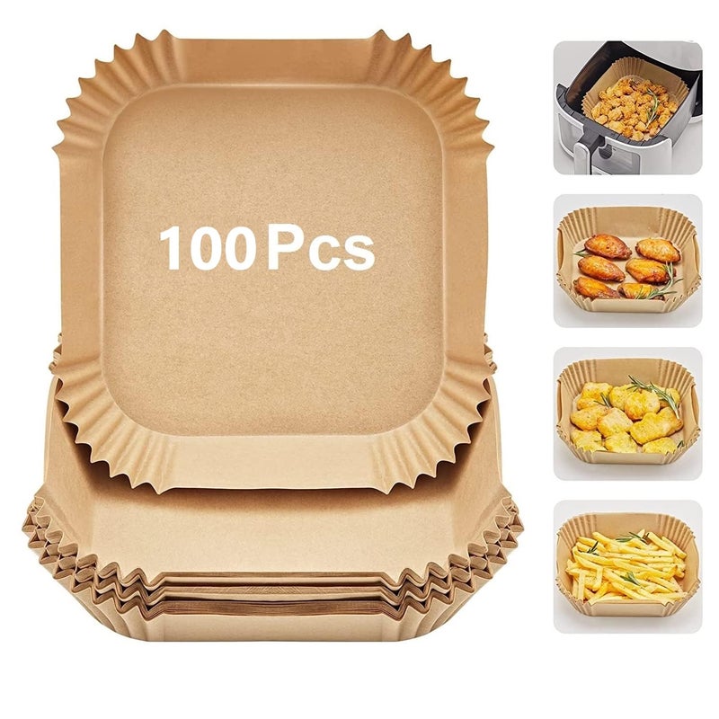 RANUR Air Fryer Disposable Paper Liner NonStick Parchment Paper Plate Oil Proof Water Proof Can be Used Microwave Frying Pan Steamer Air Fryer Tray 8in inches Size Square 100