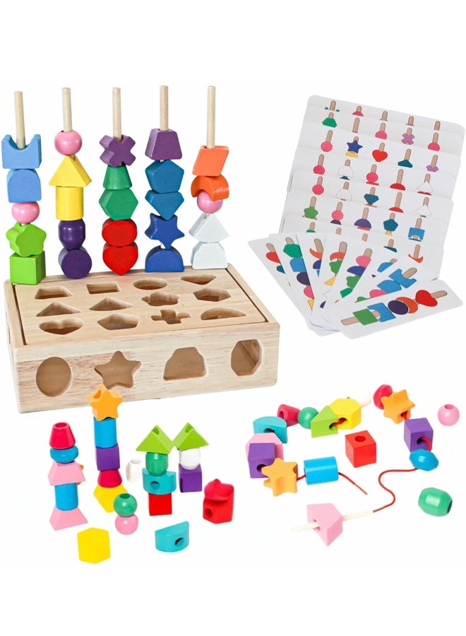 هالامودو 3 في 1 ألعاب خشبية مونتيسوري ، حبات التسلسل والكتل التراكمية ومجموعة لعبة ترتيب الشكل ، STEM التعلم التعليمي قبل المدرسة ألعاب المهارات الحركية الدقيقة للأطفال الصغار 3 4 5 سنوات هدايا - Image 2