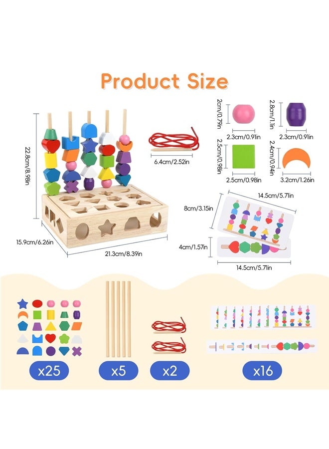 هالامودو 3 في 1 ألعاب خشبية مونتيسوري ، حبات التسلسل والكتل التراكمية ومجموعة لعبة ترتيب الشكل ، STEM التعلم التعليمي قبل المدرسة ألعاب المهارات الحركية الدقيقة للأطفال الصغار 3 4 5 سنوات هدايا - Image 4