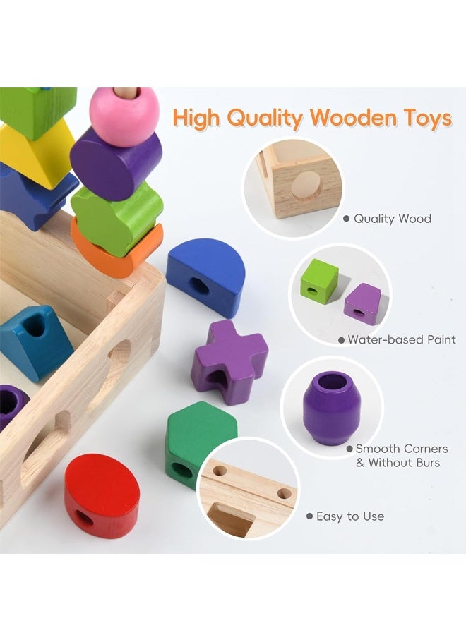 هالامودو 3 في 1 ألعاب خشبية مونتيسوري ، حبات التسلسل والكتل التراكمية ومجموعة لعبة ترتيب الشكل ، STEM التعلم التعليمي قبل المدرسة ألعاب المهارات الحركية الدقيقة للأطفال الصغار 3 4 5 سنوات هدايا - Image 5