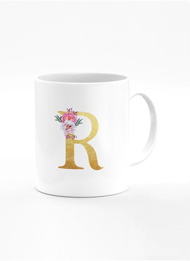 Stylizedd Designer Printed Coffee Mug 11oz Ceramic Personalised Gift Mugs Cup -Custom Monogram Initial Letter Floral Pattern Alphabet - R (White)  - Image 1