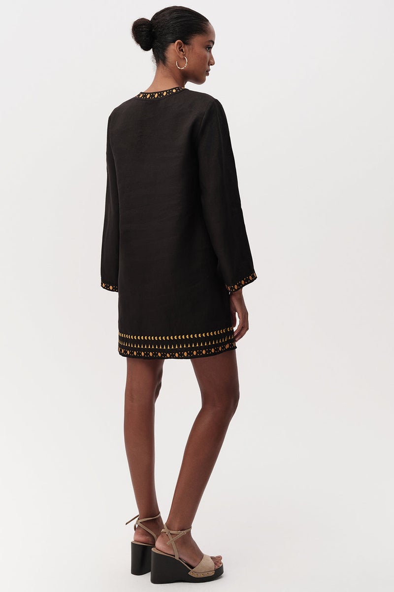 EXQUISE Long-sleeved, embroidered, lace-up collar, regular linen mini dress in black. - Image 5