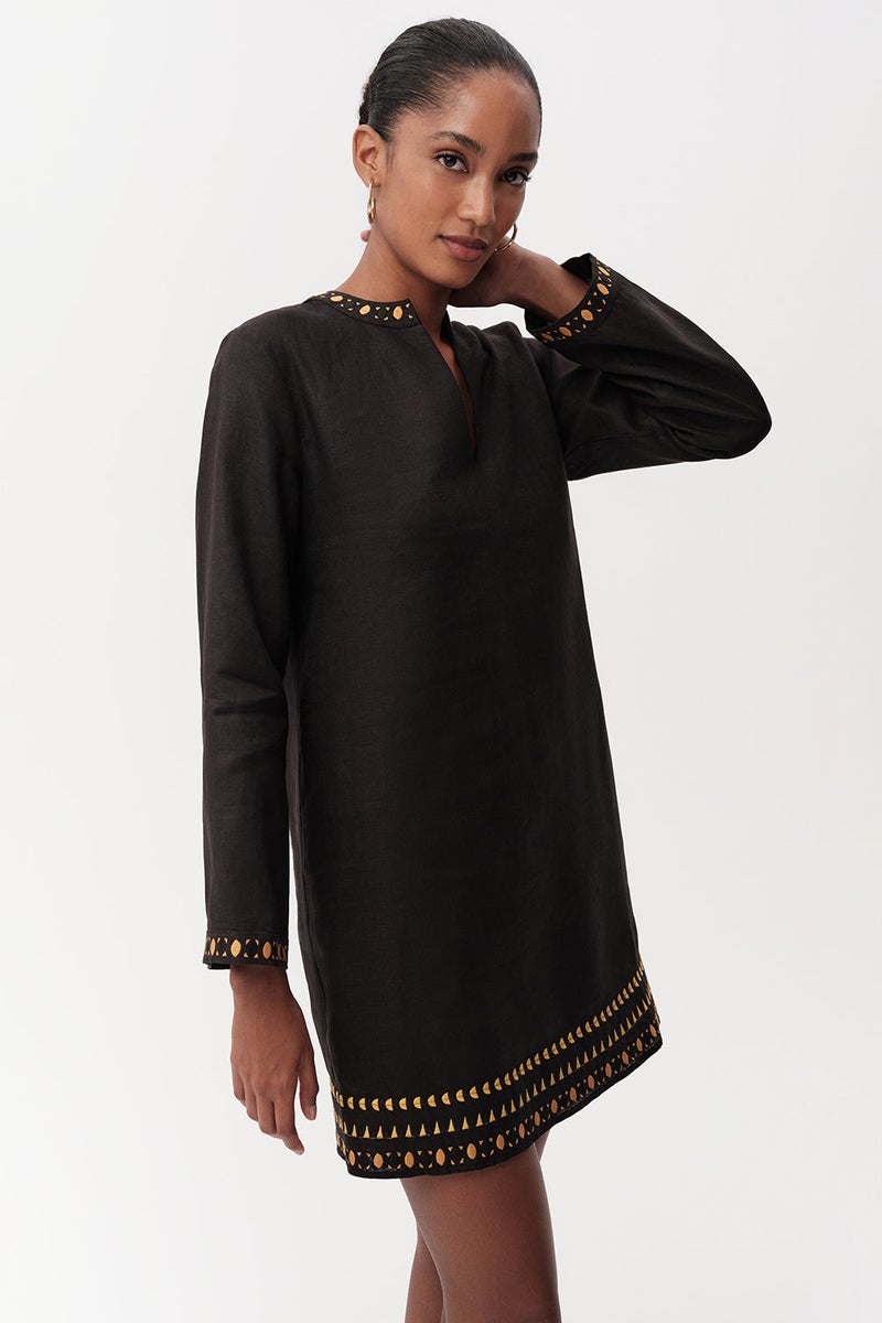 EXQUISE Long-sleeved, embroidered, lace-up collar, regular linen mini dress in black. - Image 1