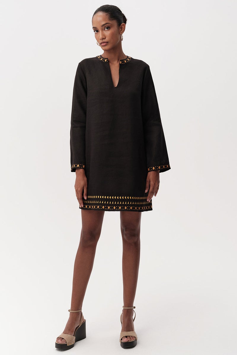 EXQUISE Long-sleeved, embroidered, lace-up collar, regular linen mini dress in black. - Image 3