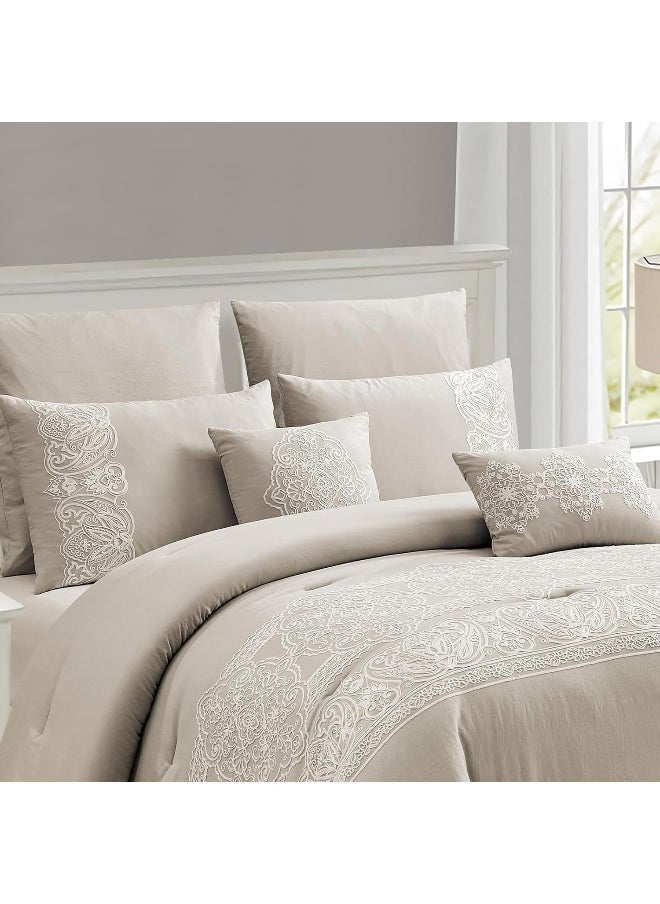 Generic Sunshine Nicole Crewel Embroidery Comforter Set, Washed Microfiber Fabrics, Crewel Embroidery with Paisley Design, Ultra Soft Down Alternative Fill, 7 Pieces Beige, King  - Image 5