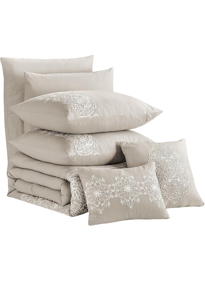 Generic Sunshine Nicole Crewel Embroidery Comforter Set, Washed Microfiber Fabrics, Crewel Embroidery with Paisley Design, Ultra Soft Down Alternative Fill, 7 Pieces Beige, King  - Image 3