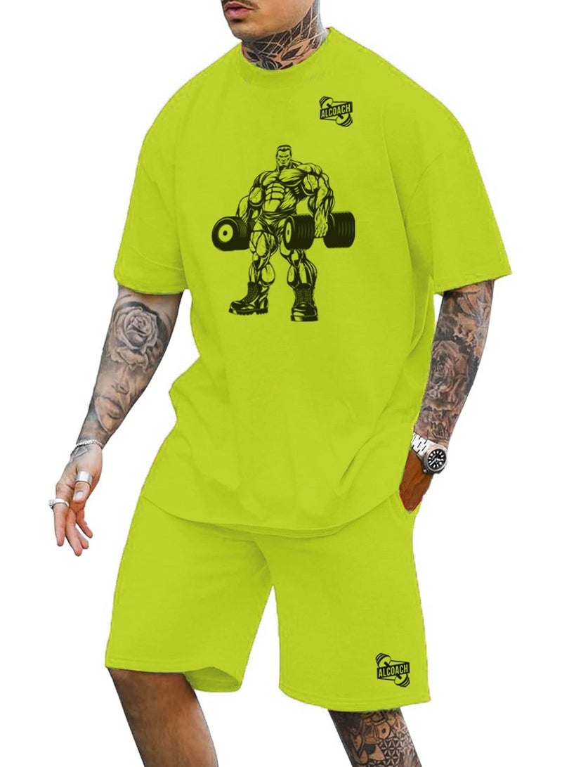 ALCOACH 2Pcs Men's Casual Short Sleeve Tracksuit Summer T Shirt & Shorts Set Waffle Sports Suit Athletic Matching Set with Pockets Khaki  - Image 1
