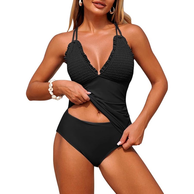 ZAFUL Womens Tankini Swimsuits Smocked 2 Piece Bathing Suits Modest Tie Back Swimwear - Image 1