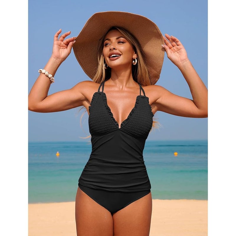 ZAFUL Womens Tankini Swimsuits Smocked 2 Piece Bathing Suits Modest Tie Back Swimwear - Image 5