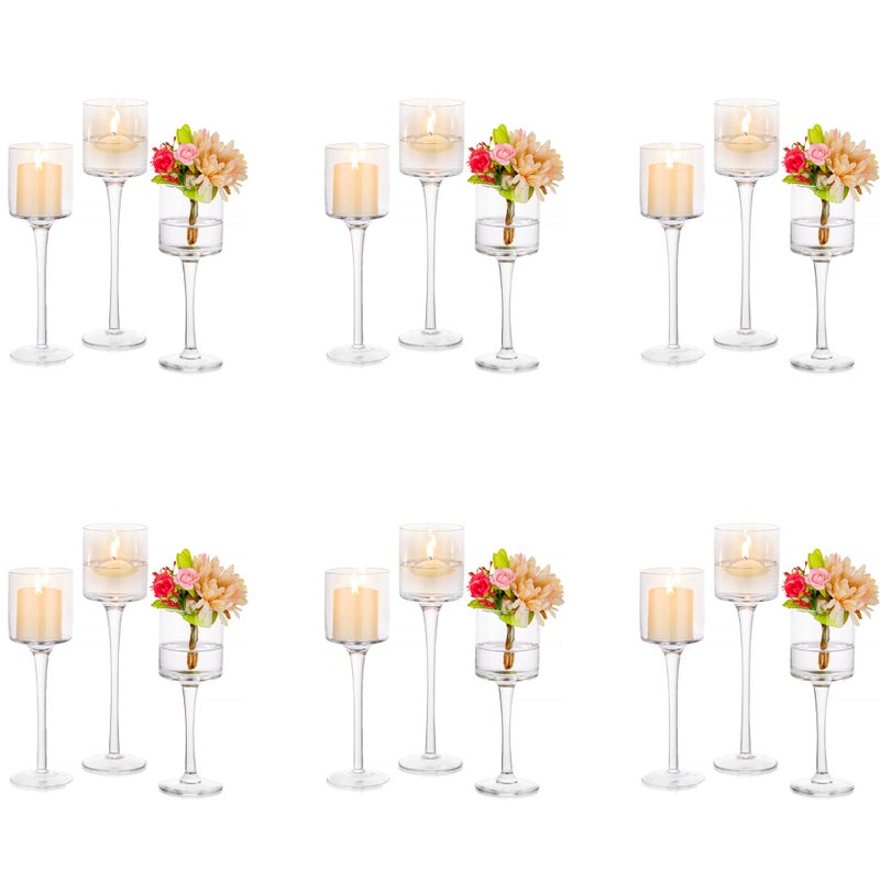 Glass Candle Holder for Table Centerpiece  Inweder Tall Tea Lights Candle Holder Elegant Clear Long Stem Candle Holders for Pillar Candles Floating Candle Holder for Party Home Decor Set of 18