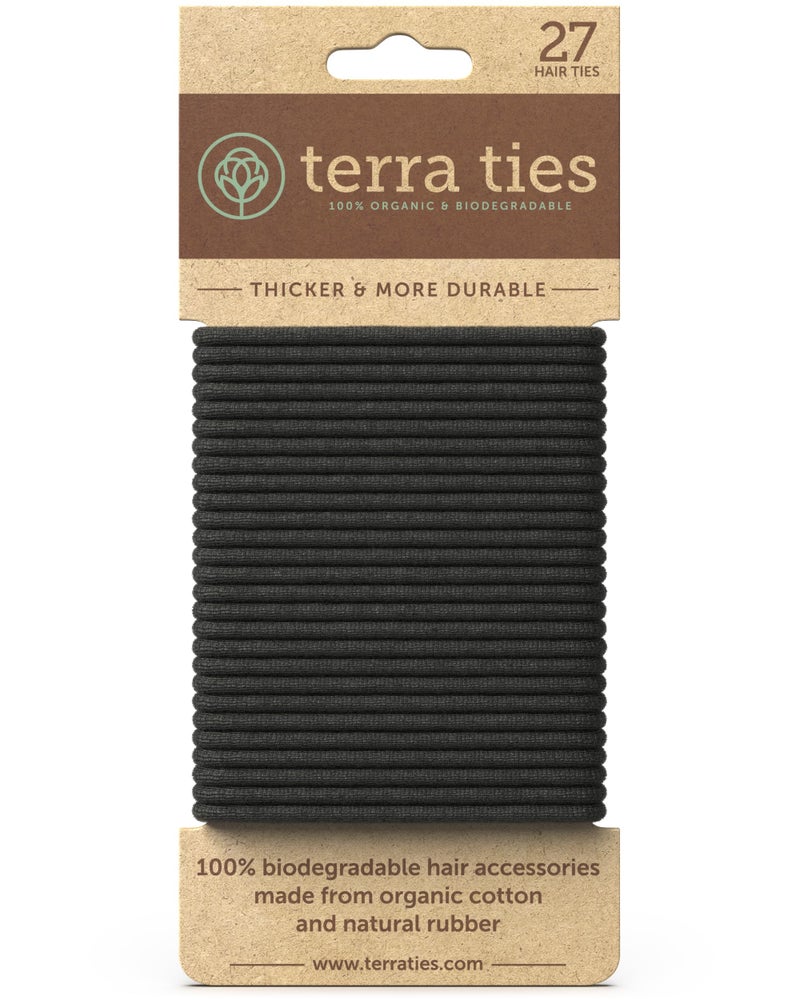 Terra Ties رباطات شعر مرنة قابلة للتحلل الحيوي للنساء والرجال - رباط شعر أسود عضوي بدون تجاعيد لحاملي ذيل الحصان ورباطات الشعر للضفائر - أربطة شعر خالية من البلاستيك للنساء والرجال - 5 مم (27 قطعة) - Image 1