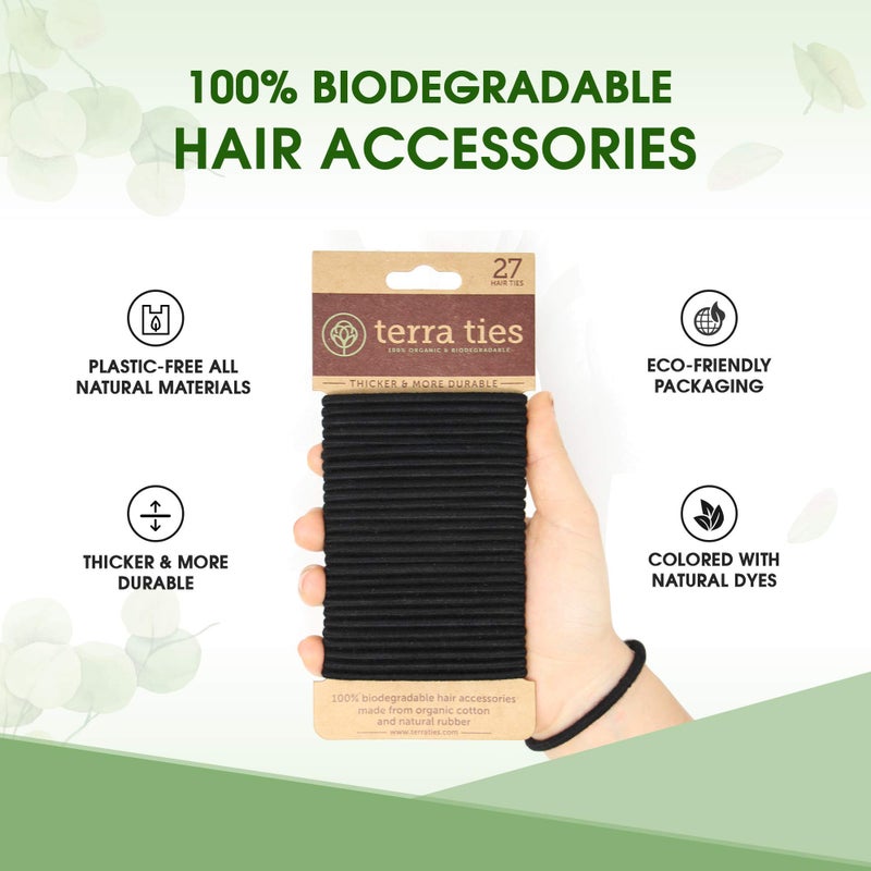 Terra Ties رباطات شعر مرنة قابلة للتحلل الحيوي للنساء والرجال - رباط شعر أسود عضوي بدون تجاعيد لحاملي ذيل الحصان ورباطات الشعر للضفائر - أربطة شعر خالية من البلاستيك للنساء والرجال - 5 مم (27 قطعة) - Image 3