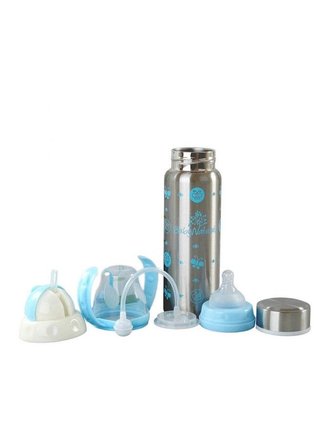 DOMENICO 3 In 1 Baby Steel Feeding Bottle Thermosteel Multifunctionalsipper Nipple & Straw For New Born Babies Toddlers Bpa Free Stylish Design With Handle 240 Ml (For 3+ Month Baby) (Blue)  - Image 2