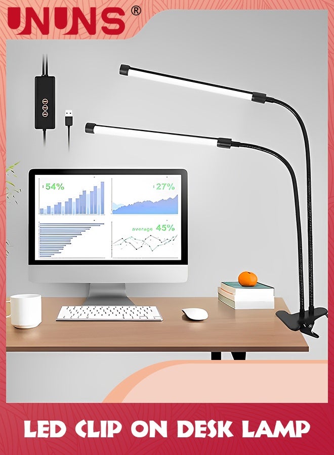 UNUNS USB Clip Table Lamp,Dual Head Bright Eye-Care 3 Color Mode Desk Lamp with Clamp,5 Level Dimmer On Light,360 °Adjustable For Reading,Working,Bedroom,Music Stand - Image 1