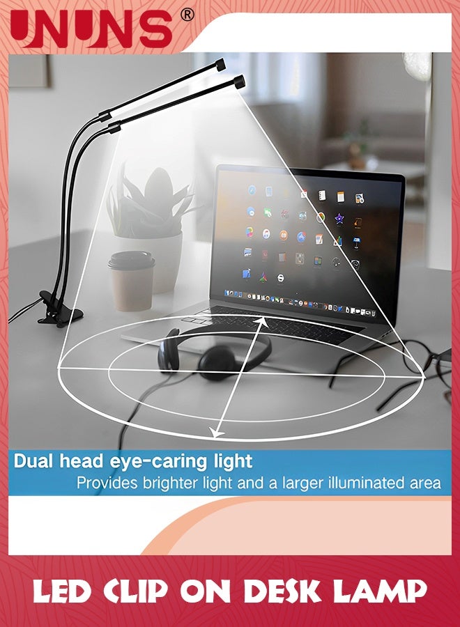 UNUNS USB Clip Table Lamp,Dual Head Bright Eye-Care 3 Color Mode Desk Lamp with Clamp,5 Level Dimmer On Light,360 °Adjustable For Reading,Working,Bedroom,Music Stand - Image 2