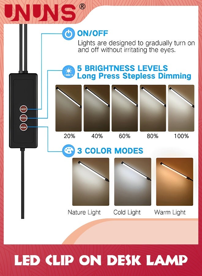 UNUNS USB Clip Table Lamp,Dual Head Bright Eye-Care 3 Color Mode Desk Lamp with Clamp,5 Level Dimmer On Light,360 °Adjustable For Reading,Working,Bedroom,Music Stand - Image 3