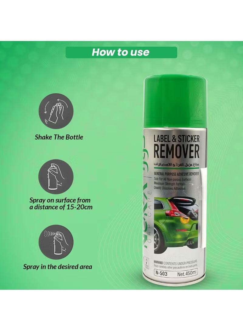 NORA 3 Pcs Label & Sticker Remover Spray N-503 450ml Each – Adhesive Glue Cleaner for Car, Glass, Metal, Plastic – Quick Action, Safe on Paint, Home & Auto Use - Image 2