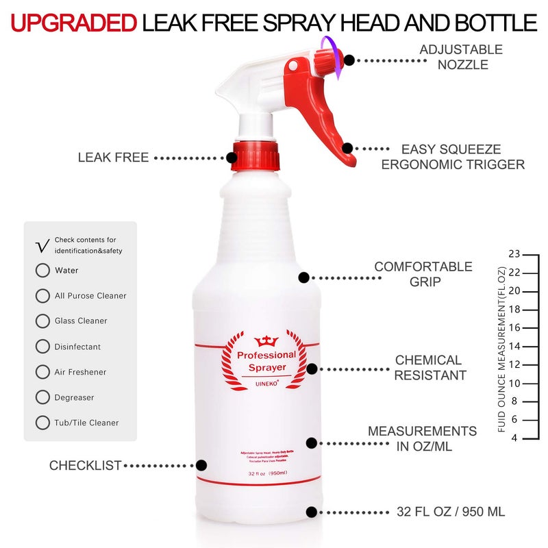 Uineko Plastic Spray Bottle 2 Pack, 32 Oz, All-Purpose Heavy Duty Spraying Bottles Leak Proof Mist Empty Water Sprayer for Cleaning Solution, Essential Oils, Hair, Planting, Pet with Adjustable Nozzle - Red - Image 4