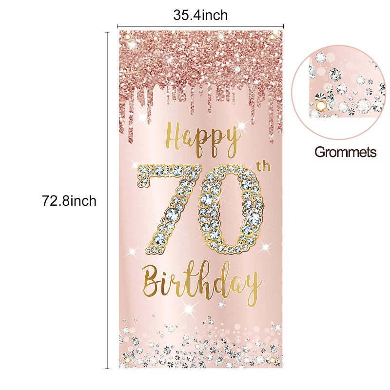 Excelloon 70th Birthday Door Banner Decorations for Women  Pink Rose Gold Happy 70th Birthday Door Cover Backdrop Party Supplies  Large Seventy Year Old Birthday Poster Sign Decor - Image 2