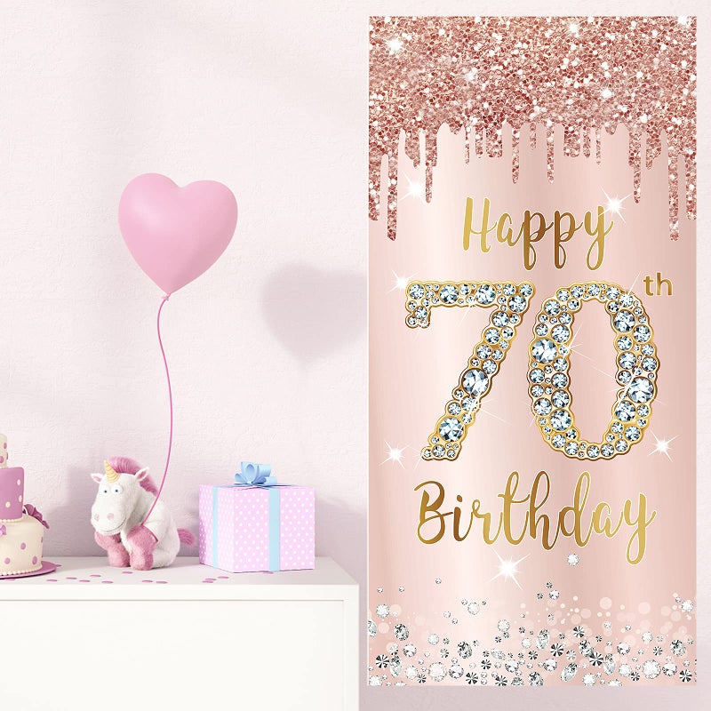 Excelloon 70th Birthday Door Banner Decorations for Women  Pink Rose Gold Happy 70th Birthday Door Cover Backdrop Party Supplies  Large Seventy Year Old Birthday Poster Sign Decor - Image 4