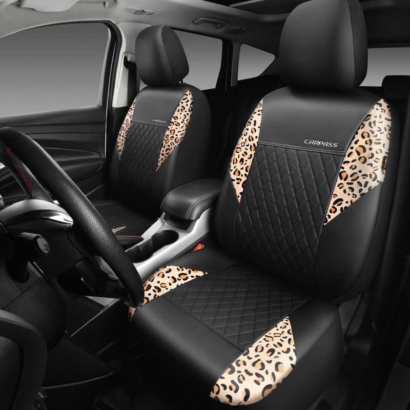 CAR PASS Leather Leopard Two Front Seat Cover Only, Universal Quilting Waterproof Deluxe PU Premium Vinyl Luxury Car Seat Cover Airbag Compatible for Most Sedan,SUV,Truck(Two Front, Brown Leopard) - Image 2