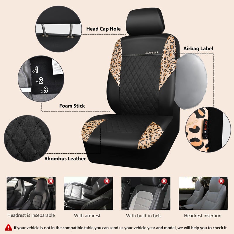 CAR PASS Leather Leopard Two Front Seat Cover Only, Universal Quilting Waterproof Deluxe PU Premium Vinyl Luxury Car Seat Cover Airbag Compatible for Most Sedan,SUV,Truck(Two Front, Brown Leopard) - Image 4