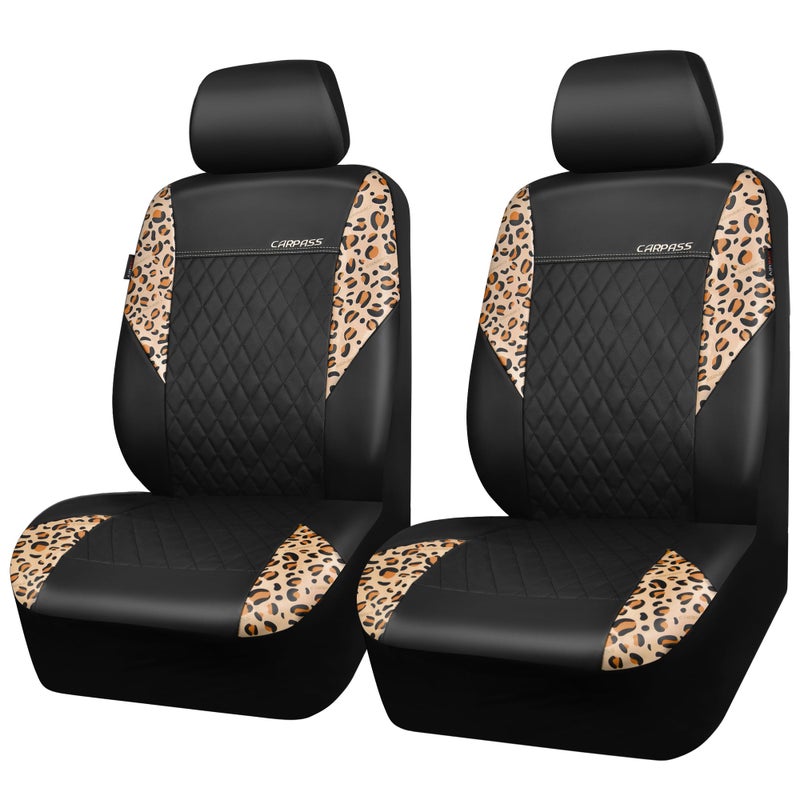 CAR PASS Leather Leopard Two Front Seat Cover Only, Universal Quilting Waterproof Deluxe PU Premium Vinyl Luxury Car Seat Cover Airbag Compatible for Most Sedan,SUV,Truck(Two Front, Brown Leopard) - Image 1