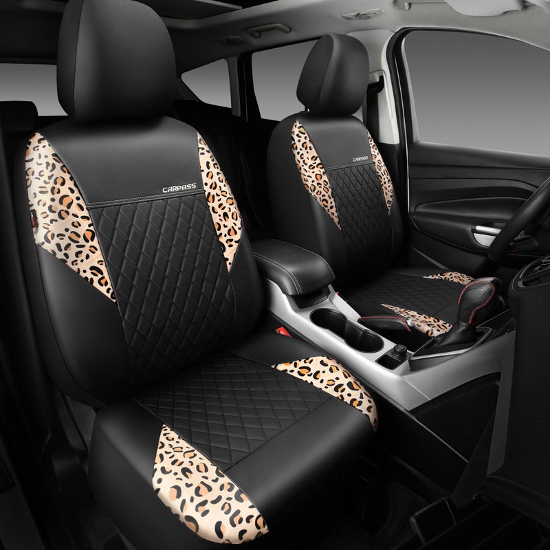 CAR PASS Leather Leopard Two Front Seat Cover Only, Universal Quilting Waterproof Deluxe PU Premium Vinyl Luxury Car Seat Cover Airbag Compatible for Most Sedan,SUV,Truck(Two Front, Brown Leopard) - Image 3