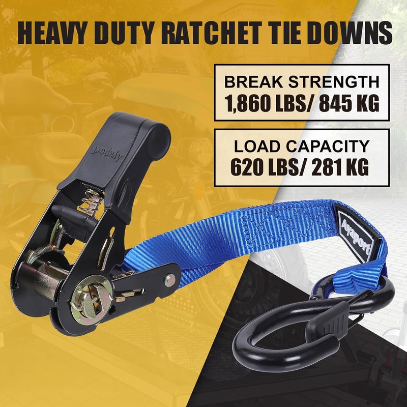 Ayaport Ratchet Straps Tie Downs, 1" x 10' Heavy Duty Ratchet Tie Down Straps, 1860lbs Break Strength, Larger Open S Hook W Safety Clip, Ratchet Strap for Motorcycle, Cargo, Truck Bed, Moving - Image 2
