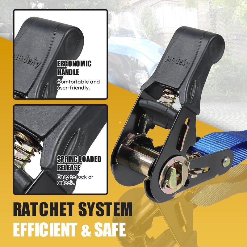 Ayaport Ratchet Straps Tie Downs, 1" x 10' Heavy Duty Ratchet Tie Down Straps, 1860lbs Break Strength, Larger Open S Hook W Safety Clip, Ratchet Strap for Motorcycle, Cargo, Truck Bed, Moving - Image 3