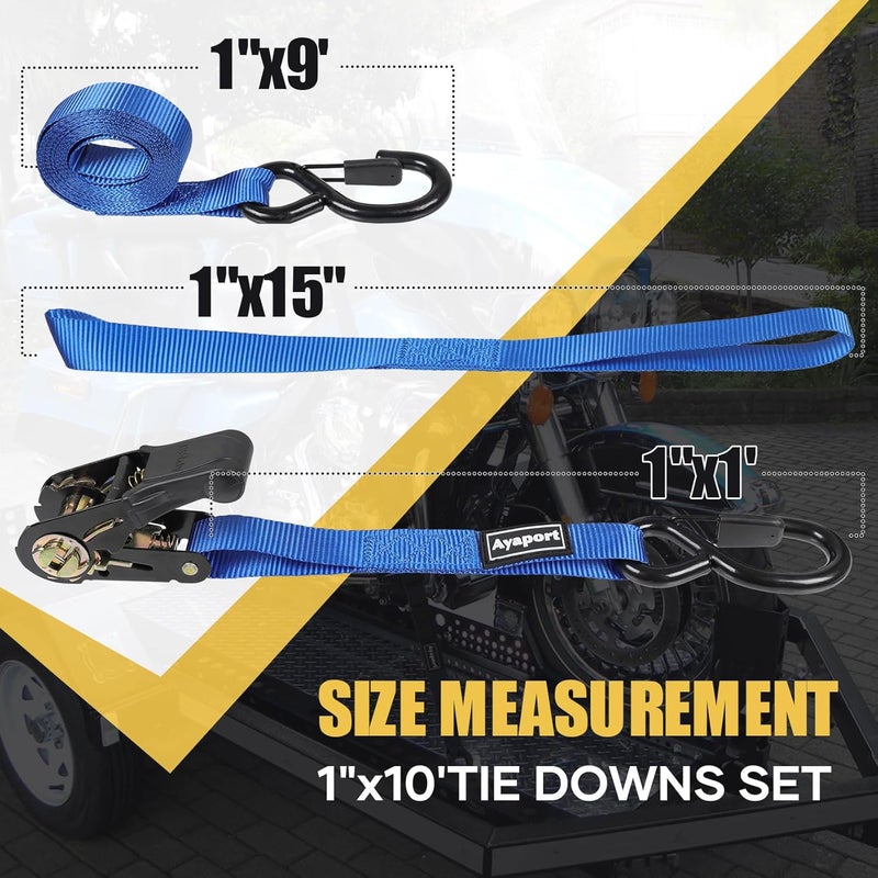 Ayaport Ratchet Straps Tie Downs, 1" x 10' Heavy Duty Ratchet Tie Down Straps, 1860lbs Break Strength, Larger Open S Hook W Safety Clip, Ratchet Strap for Motorcycle, Cargo, Truck Bed, Moving - Image 5