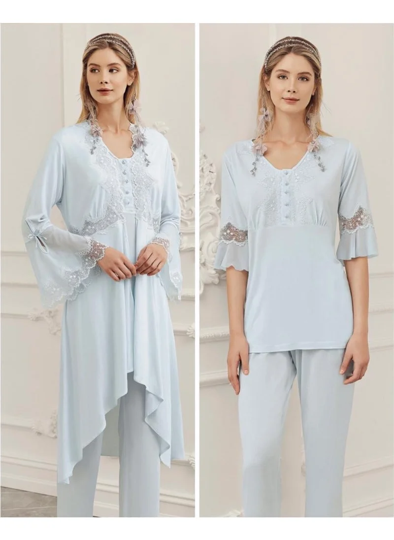 Perin 316 Blue Pregnant Postpartum 3-Piece Pajama Dressing Gown Set