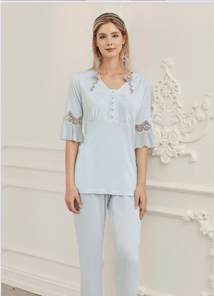بيرين 316 Blue Pregnant Postpartum 3-Piece Pajama Dressing Gown Set