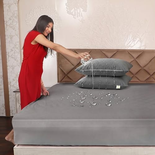 AVI Terry Cotton 100% Waterproof King Size Bed Mattress Protector 78x72 inch & Two Pillow Protector Soft, Breathable, Noiseless Fitted Mattress Cover for Spill Protection(Grey). - Image 1