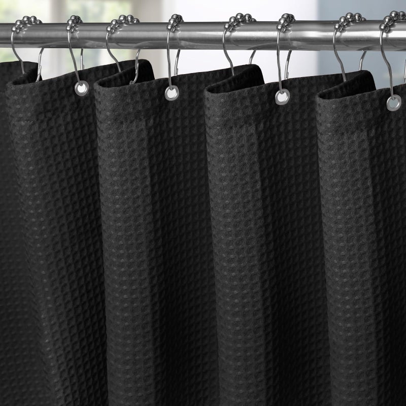 VANZAVANZU Shower Curtain for Bathroom with Metal Hooks Waffle Fabric Shower Curtain Heavy Duty Bath Curtain for Wet Room Bathtub Shower Stall Weighted Hem Water Resistant  182 x 182cm Black