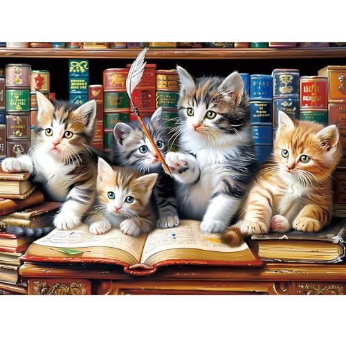 VOLUVOLU 300 Piece Puzzle for Adults Cats Library Jigsaw Puzzle Funny Kitten Bookshelf Puzzles Animal Pet Lover Challenging Puzzles for Friends Family Activity Game Nights Gifts 205x15 in - Image 1