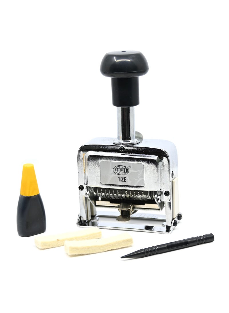 FIS - FIS Heavy Duty Numbering Machine 12-Digits with Ink Bottle and 2 dry pads, Automatic, English Chrome colour -FSNM12E - Image 1