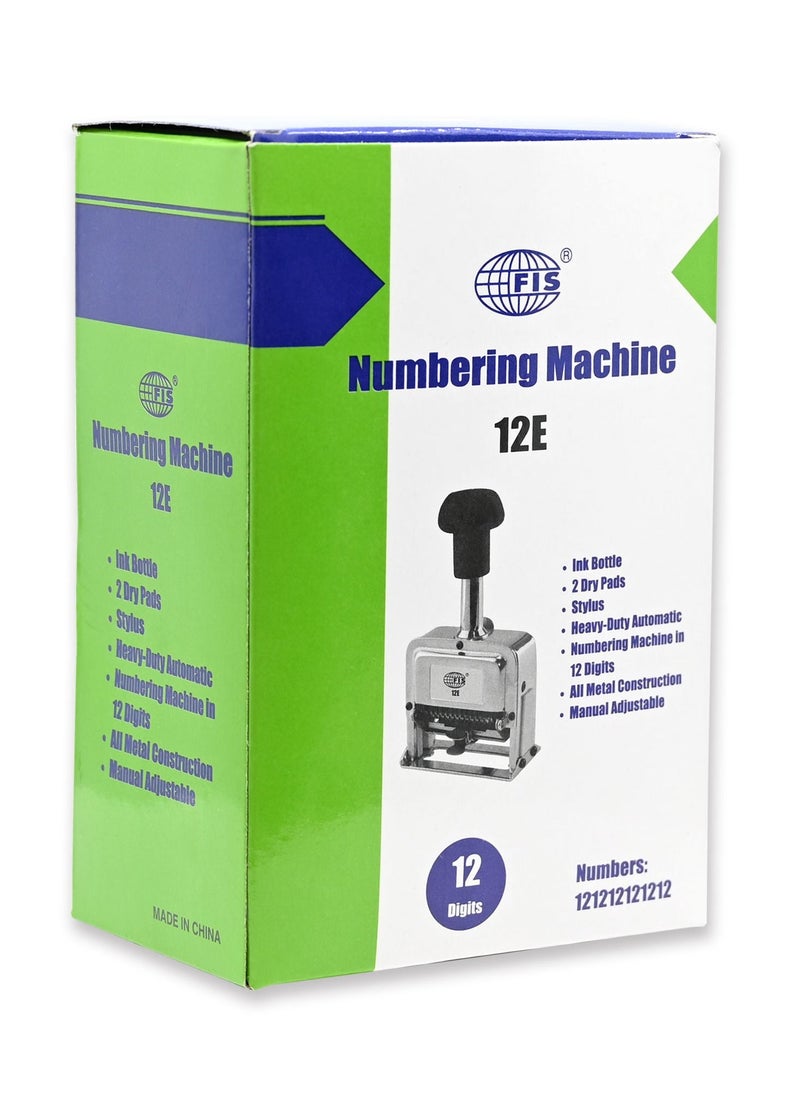 FIS - FIS Heavy Duty Numbering Machine 12-Digits with Ink Bottle and 2 dry pads, Automatic, English Chrome colour -FSNM12E - Image 1